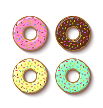 Set Of Ring Shaped Donuts Covered With Sweet Strawberry, Vanilla, Mint, And Chocolate Icing And Placed On White Background