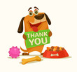 Happy dog character hold plate with thank you words. Vector flat cartoon illustration
