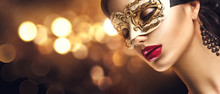 Beauty Model Woman Wearing Venetian Masquerade Carnival Mask At Party. Christmas And New Year Celebration