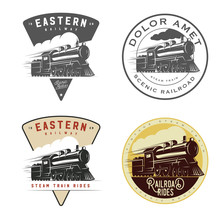 Set Of Vintage Retro Railroad Steam Train Logos, Emblems, Labels And Badges