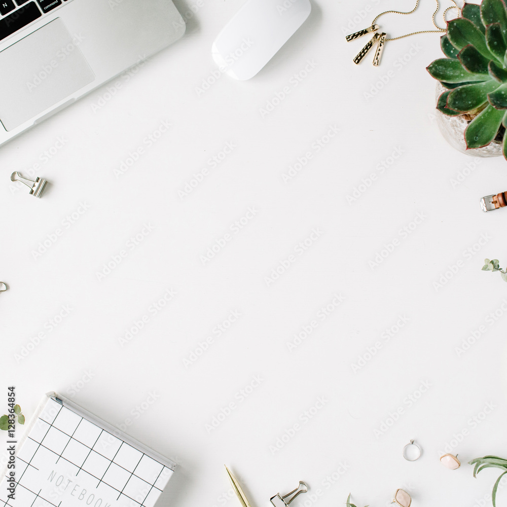 Modern white office desk top table with computer laptop, cup of coffee,  notebook and other supplies. Top view with copy space on white background. Top  view, flat lay. — Stock Photo ©, image size:1000x1000