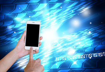 Wall Mural - hand holding touch screen smart phone with technology background and abstract digital tech circle.