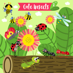 Wall Mural - Cute Insects Animal cartoon in the garden. Bee. Ant. Ladybird. Ladybug. Butterfly. Grasshopper. Dragonfly. Queen Bee. Vector illustration. Set 2.