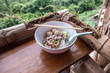 Thai noodle bowl on the wooden table