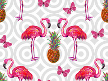 Summer Jungle Pattern With Tropical Butterflies, Flamingo And Pineapple Vector Background. Beautiful Exotic Pattern. Perfect For Wallpaper, Pattern Fill, Web Page Background, Surface Textures, Textile