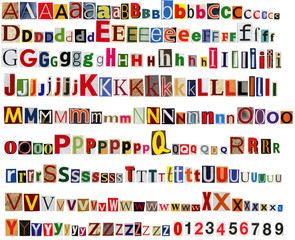 newspaper alphabet with letters and numbers.