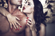 Sensual lustful woman with red lips embrace sexy man body