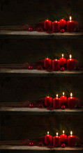 Four Images Of Red Advent Candles Being Lit One After The Other, Christmasdecoration, Dark Wooden Background