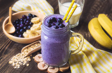 Blueberry Smoothie With Banana And Oat Flakes
