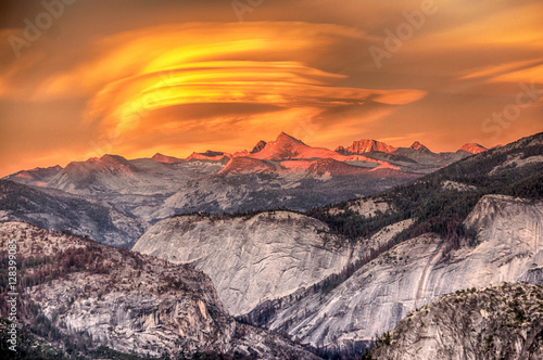 Lenticular clouds and Alpenglow at Glacier Point in Yosemite National Park Poster