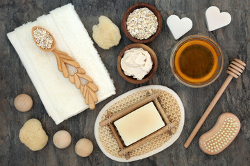 Sticker - Natural products and ingredients for body and skin health care with oats and honey. Used to soothe skin disorders such as psoriasis and eczema.