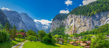 Famous Lauterbrunnen Valley With Gorgeous Waterfall And Swiss Alps, Bern, Switzerland