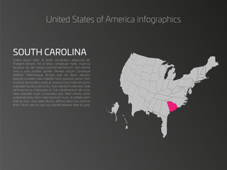 Canvas Print - United States of America, aka USA or US, map infographics template. 3D perspective dark theme with pink highlighted South Carolina, state name and text area on the left side.