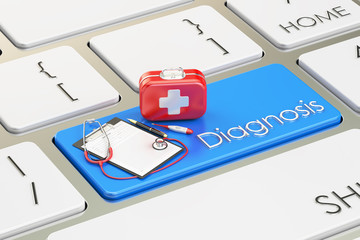 Diagnosis button, blue key on  keyboard 3D rendering