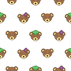  Cute bear with a cap baby pattern. Brown bear head seamless vector background for kids.