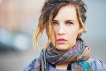 Wonderful Portrait Of A Cute Charming Girl Slav On Blurred Background In The Street In Autumn, Closeup