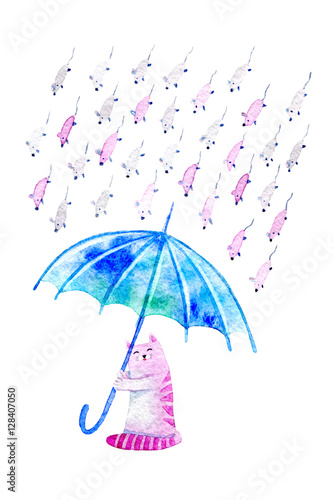 Postcard With Cat Mouse And Umbrella Funny Picture Watercolor