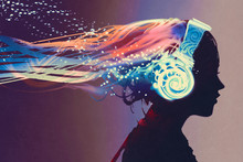 Woman With Magic Glowing Headphones On Dark Background,illustration Painting
