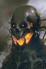 sci-fi character of alien skull on dark background,illustration painting