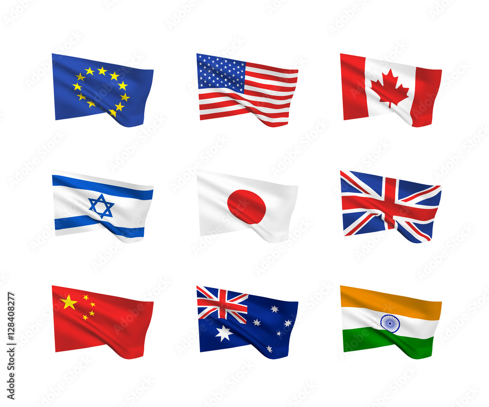 Vector flags. A set of 9 wavy 3D flags created using gradient meshes ...