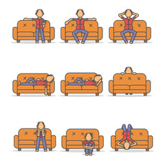 Wall Mural - Big set with elderly and paunchy man relax on couch in room flat style. Bundle with vector character on sofa flat line illustration.