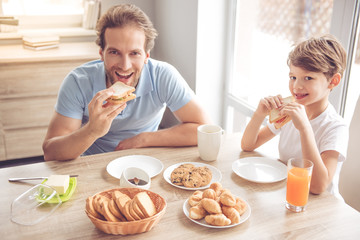 Father and son in kitchen