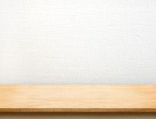 Wall Mural - empty wood table top with white concrete wall,mock up for displa