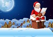 Cartoon Santa Claus sitting at chimney and reading a letter
