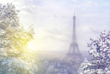 Christmas Background : Aerial View Of Paris Cityscape With Eiffel Tower At Winter Sunset In Paris. Vintage Colored Picture. Business, Love And Travel Concept