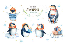 Merry Christmas Snowflakes And Penguins. Hand Drawn Illustration