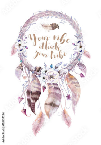 Plakat w ramce 40x30 cm Isolated Watercolor decoration bohemian dreamcatcher. Boho feath