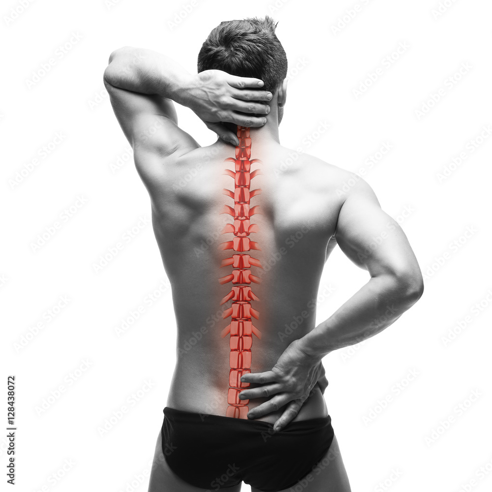 Spine pain, man with backache and ache in the neck, black and white ...