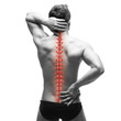 © staras - Spine pain, man with backache and ache in the neck, black and white photo with red backbone