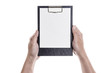 © dohee - A man hand hold a note pad with empty(blank, vacant) paper isolated white.