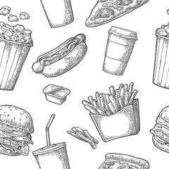 Wall Mural - Seamless pattern burger include cutlet, tomato, cucumber and salad.