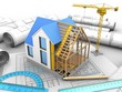 3d illustration of house construction over drawing rolls background with crane