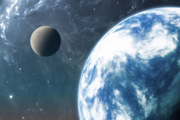 Wall Mural - earth like planet or extrasolar planet with moon. 3d illustration