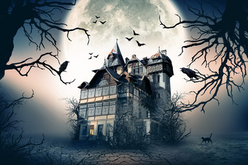 Haunted House with Crows and Spooky Atmosphere.