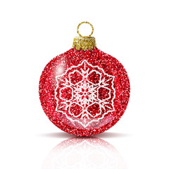 isolated red christmas ball with silver snowflake. glitter sequins texture. realistic decoration for