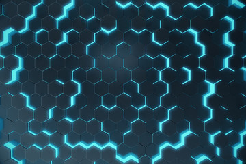 Blue abstract hexagonal glowing background, futuristic concept. 3d rendering
