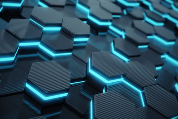 Blue abstract hexagonal glowing background, futuristic concept. 3d rendering