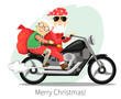Santa Claus and Mrs. riding on a steep motorcycle