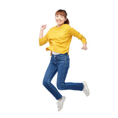 Wall Mural - happy asian woman jumping over white