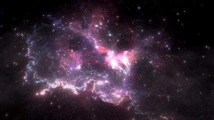 Wall Mural - space flight through nebula. space travel. space animation background with purple nebula, many stars