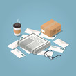 © Isovector - Vector isometric illustration concept of morning mail delivery. Letters, morning newspaper, glasses, cup of hot coffee, cardboard box.