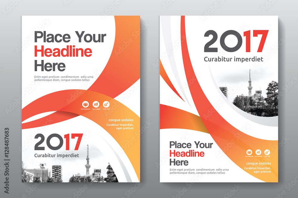 Orange Color Scheme with City Background Business Book Cover Design Template in A4. Can be adapt to Brochure, Annual Report, Magazine,Poster, Corporate Presentation, Portfolio, Flyer, Banner, Website. - obrazy, fototapety, plakaty 