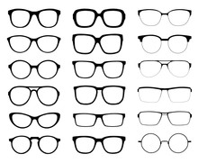 A Set Of Glasses Isolated. Vector Glasses Model Icons. Sunglasses, Glasses, Isolated On White Background. Silhouettes. Various Shapes - Stock Illustration.