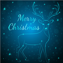 Merry Christmas Reindeer On Snowflakes Stars Dots Background.Graceful Noble Animal Reindeer On Blue Soft Glow Surrounding,xmas Wish Postcard.Merry Xmas Reindeer Silhouette - Blue Reindeer With Antlers