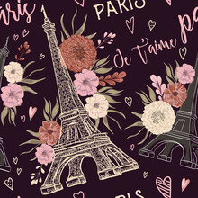 Paris. Vintage Seamless Pattern With Eiffel Tower, Hearts And Floral Elements In Watercolor Style. Retro Hand Drawn Vector Illustration 