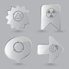 Sticker - 4 images: recycle symbol, radiation symbol, globe and shamoo. Ec